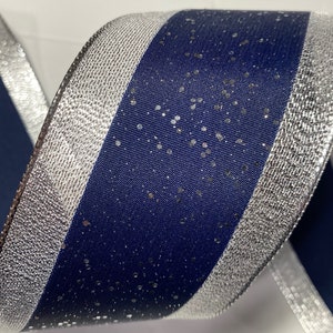 5 yards of 2 1/2 inch Starry Night Ribbon, Midnight Blue and Silver Ribbon with a Wired Edge, Length is continuous up to 50 yards