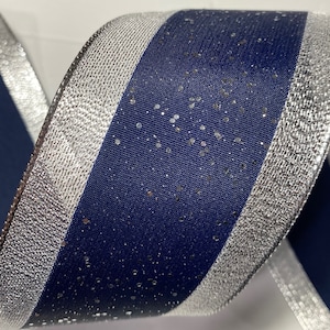 5 yards of 2 1/2 inch Starry Night Ribbon, Midnight Blue and Silver Ribbon with a Wired Edge, Length is continuous up to 50 yards