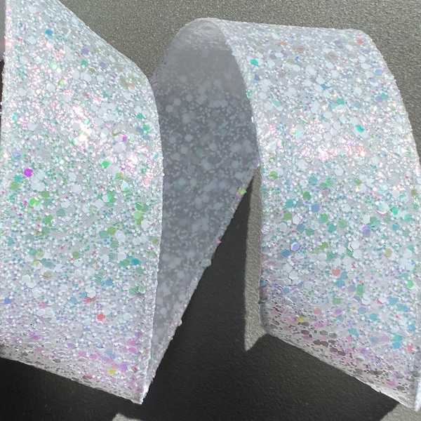 5 yards 1 1/2 inch wide White Opalescent Glittered Wired Edge Ribbon Length is continuous and Seamless!