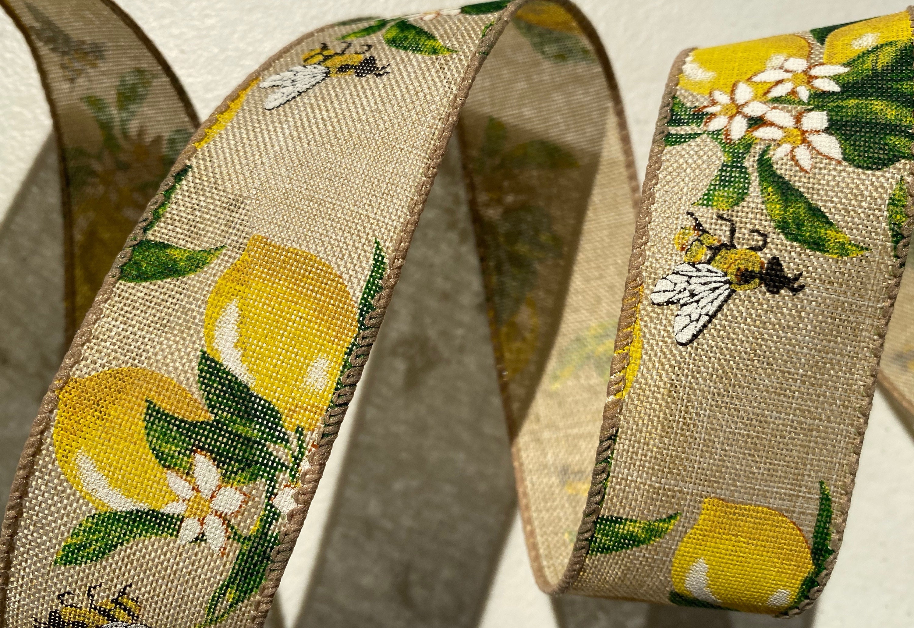 Bumblebee on Natural Burlap 2.5 Wide Wired Ribbon 25 Yards Morex