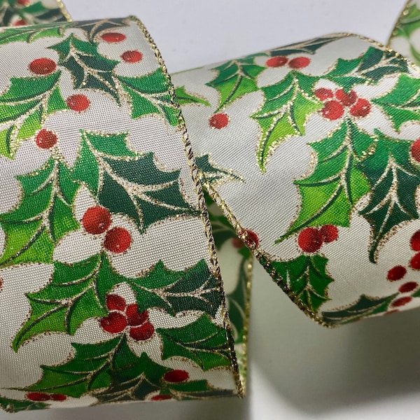 5 yards 2 1/2 inch wide Christmas Holly Berries Ribbon with a Wired Edge Length is continuous and Seamless!