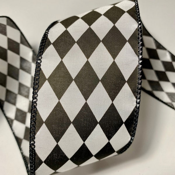 5 Yards of 2 1/2 inch Harlequin Black & White with a wired edge Ribbon Length is continuous and Seamless!