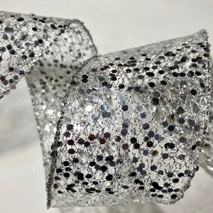5 yards 2 1/2 inch wide Webbed Silver Sequins & Glitter with Wired Edge Ribbon Length is continuous and Seamless!