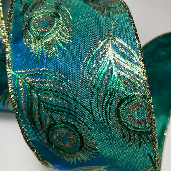 5 yards 2 1/2 inch wide Glittered Gold Accent PEACOCK Sheer Wired Edge Teal Ribbon Length is continuous and Seamless!