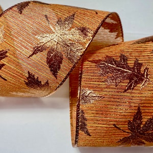 5 yards 2 1/2 inch wide High Quality Fall Leaves with Metallic accent Wired Edge Ribbon Length is continuous and Seamless!