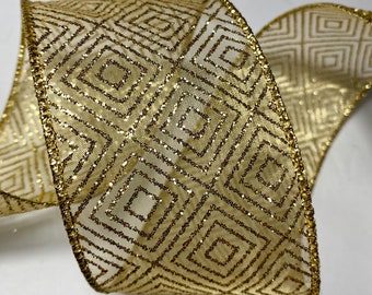 5 Yards of 2 1/2 inch wide High Quality Gold Sheer with Boxed Glitter Wired Edge Ribbon Length is continuous and Seamless!