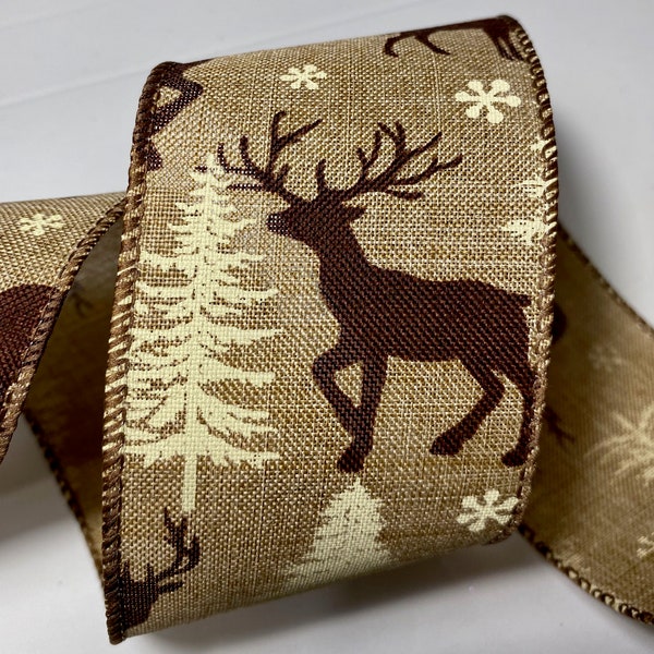5 yards 2 1/2 inch wide Farm House Rustic Deer, Buck Christmas Tree Wired Edge Ribbon Length is continuous and Seamless!