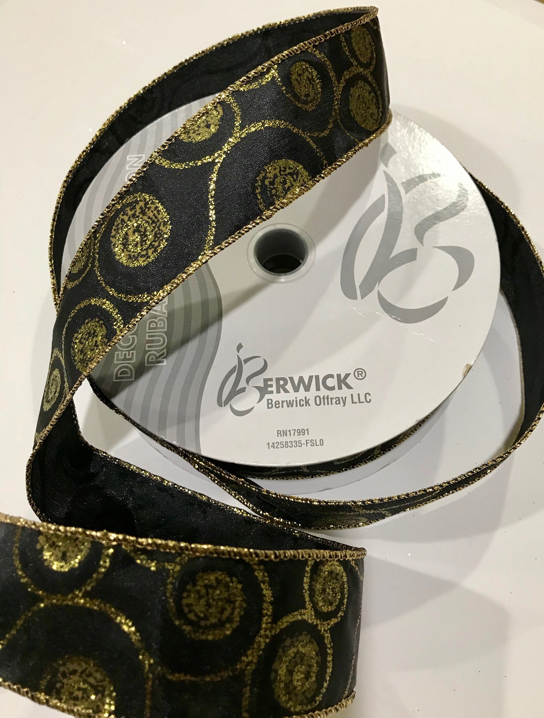 50 Yards 1 1/2 Inch Wide Berwick Offray Black With Gold Glittered Swirls  and Trim Wired Edge Ribbon Length is Continuous and Seamless 
