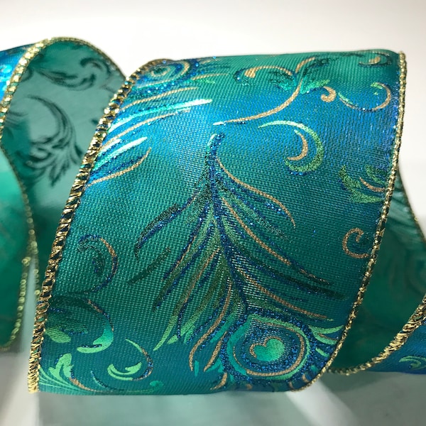 5 yards 2 1/2 inch wide Glittered Teal PEACOCK Sheer Wired Edge Ribbon Length is continuous and Seamless!