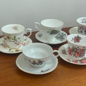 Vintage Bone China Tea Cups & Saucers, Mismatched Set of 6