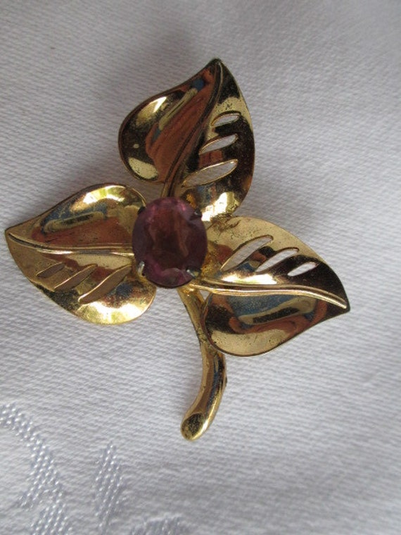 Vintage Signed Coro Leaf Brooch with Amethyst - image 1