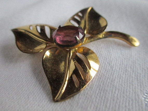 Vintage Signed Coro Leaf Brooch with Amethyst - image 2