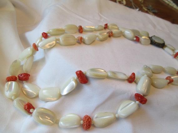 Vintage Mother of Pearl and Coral double strand n… - image 2