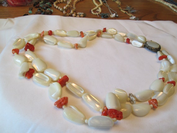 Vintage Mother of Pearl and Coral double strand n… - image 1