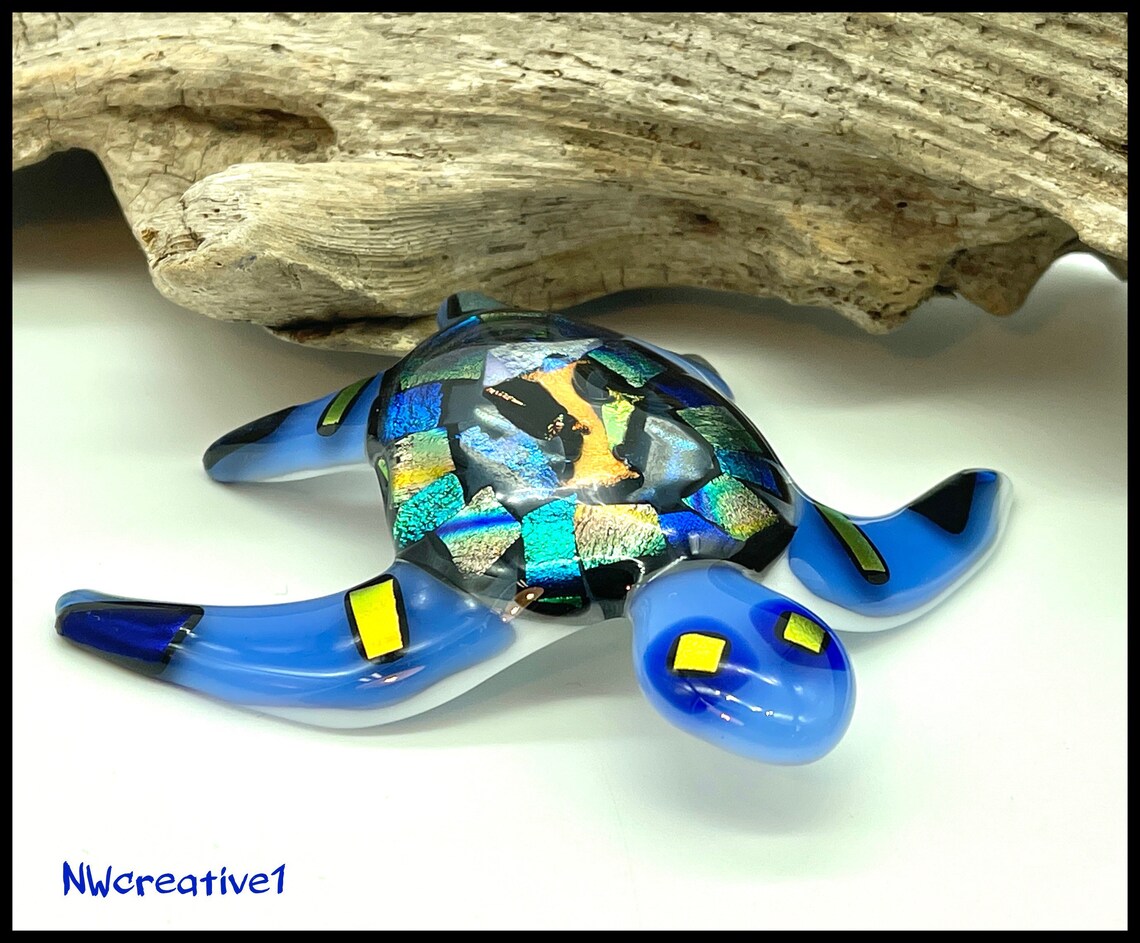 Glass Turtle, Blue Colorful Fused Glass Turtle, Handmade Glass Turtle