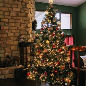 May include: A decorated Christmas tree with red and gold ornaments, white lights, and a gold star on top. The tree is in a living room with a stone fireplace and a white crocheted tree skirt.