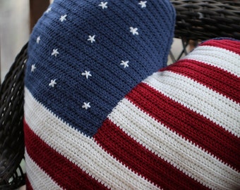 Jumbo American Flag Pillow, Boho Granny I Love America Crochet Flag Throw Pillow ~ Extra Large ~ Patriotic Crochet Cushion