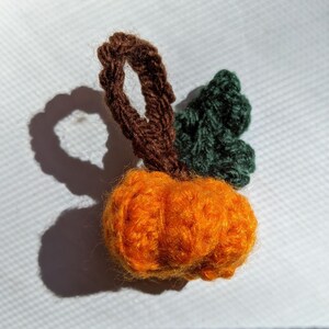 May include: A crocheted pumpkin ornament with a brown stem and green leaves. The pumpkin is orange and has a textured surface.