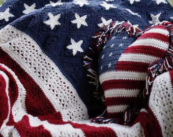 Crochet Boho Granny American Flag Throw Blanket, Crochet Afghan ~ USA ~ Hand Knit American Flag Blanket ~ Patriotic Blanket
