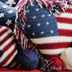 Pacchetto di modelli per cuscini a forma di cuore all&#39;uncinetto con bandiera americana (PDF)