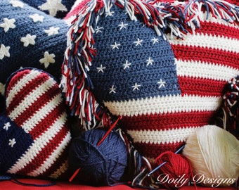 American Flag Pillow Collection, Patriotic Crochet Heart Flag Pattern Bundle ~ Tiny, Small and Medium, Crochet *PDF 3 Pattern Bundle ONLY*