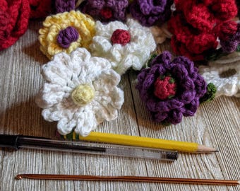 Crochet Flower Pencil Topper Pattern: Magic Rose, Carnation, Daisy (PDF Pattern)