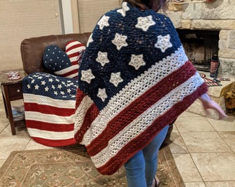 Crochet American Flag Poncho: Boho Granny Star Design