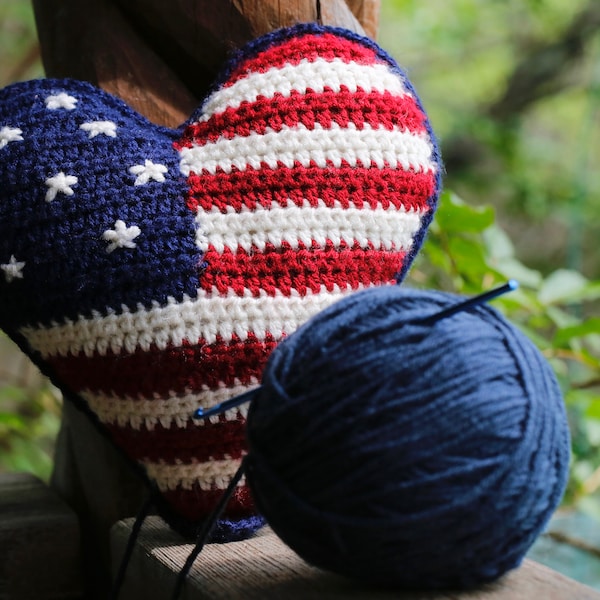 American Flag Pillow Plush, Crochet Patriotic Pillow Pattern, *Downloadable Pdf Pattern*, I love America Heart ~ Sm USA Crochet Pattern