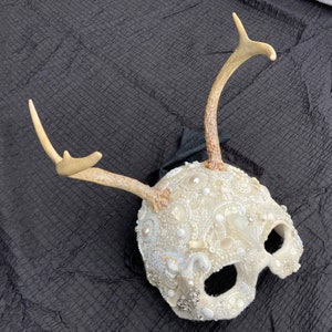 The Horned Winter King White Beaded Mask - Cernunnos - Horned One - Wearable Ceremonial Mask Swarovski Czech Crystal Quartz Gems Porcelain
