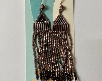 Antique Cut-Steel Beaded Fringe Earrings Lavender Purple Copper  Dangle Tassel reclaimed upcycled beads hooks earwires