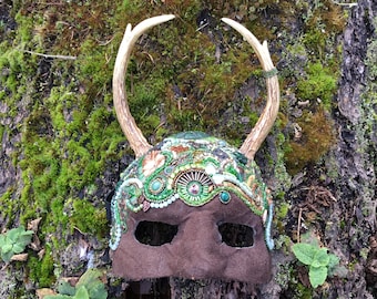 The Horned Greenman Beaded Mask - Cernunnos - Horned One - Wearable Ceremonial Mask Swarovski Czech Crystal Green Brown Copper Pan