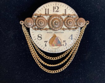 Unique Watch-Face & Labradorite Triangle Steampunk Brooch - Handmade with Vintage Brass Stamping, Reclaimed Chain, Pocket Watch Parts