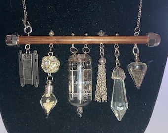 Seriously Steampunk & Goth Oddments Necklace of Polished Wood with Vials, Bottles, Vacuum Tube, Crystals, Mouse Bones, Seeds, Chain, Hex Nut