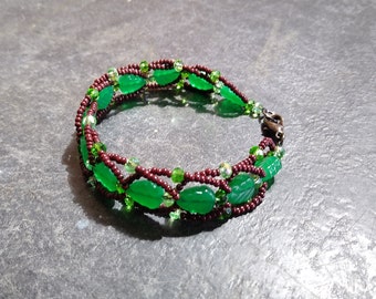 Green Leaf & Brown Branches Linked Leaf Beaded Bracelet Czech Glass Crystal