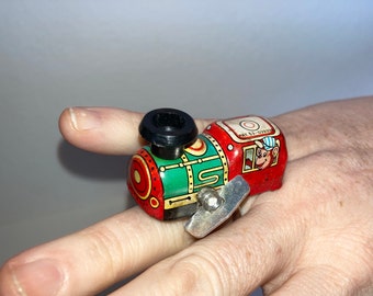SALE Delightful Tin Litho Train Wearable Ring Adjustable Steampunk Vintage Repurposed Recycled Clockwork