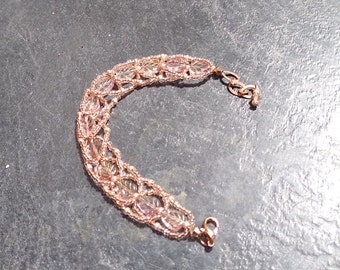 Pink & Rose Gold Leaf-Link Beaded Bracelet Czech Glass Crystal