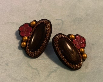 Silver-Golden Sheen Obsidian Earrings with Gold Beads & Pink Flowers Handmade Unique beaded post