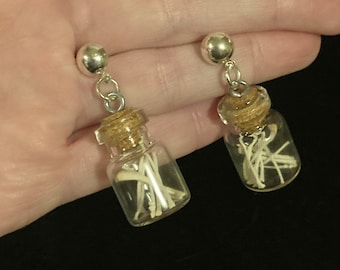 Bone Glass Bottle Silver Earrings Mouse Rodent Bones Goth Steampunk corked Goblincore