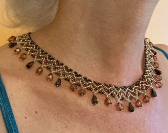 Golden Brown Delicate Egyptian Lace Necklace Collar Seed & Drop Beads Bronze teardrop