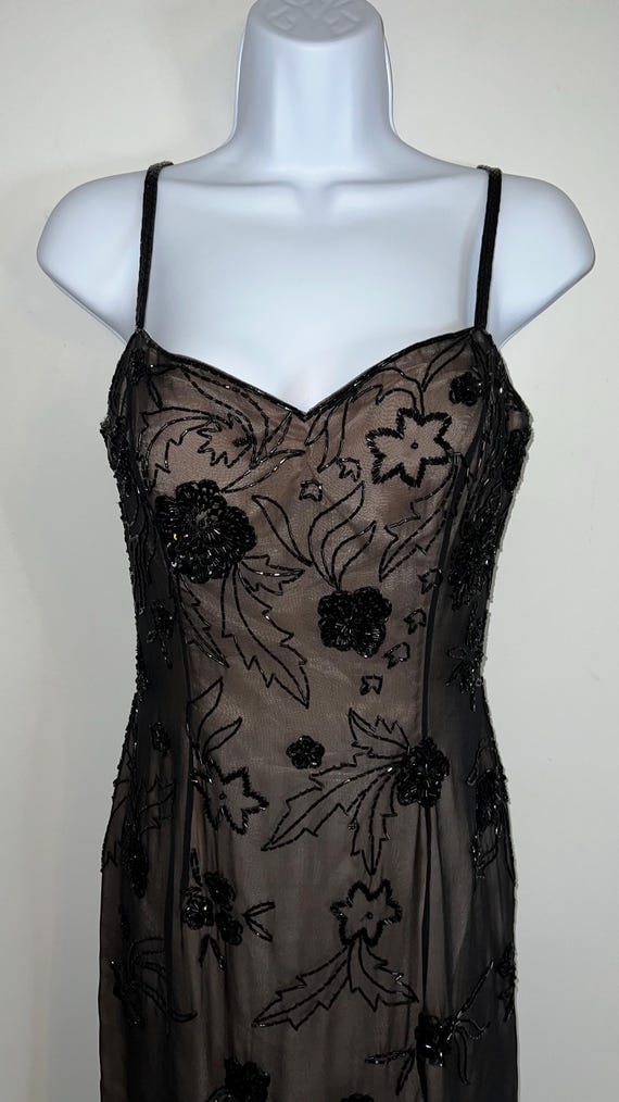 パーティードレス Black Beaded Silk Dress 80s Vintage Black Silk Beaded Cocktail Dress / Elegant Party