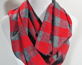 Red Plaid Buffalo Check Flannel Scarf. Colors: Red & Black.Choose Your Style- Infinity or Oblong