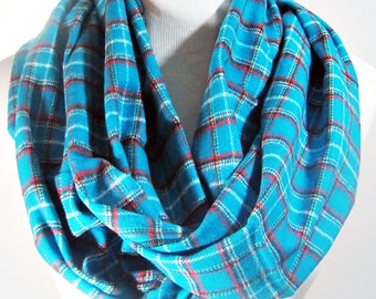 Sky Blue Tartan Flannel Scarf.Colors: Blue,Red & White ..Choose Your Style- Infinity or Oblong