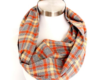 Retro Rust Plaid Flannel Scarf. Yellow, Gray & Orange .Choose Your Style- Infinity or Oblong