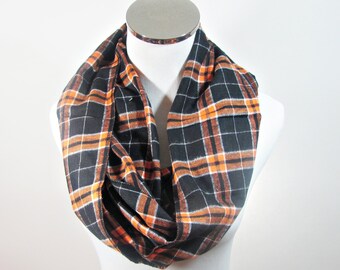 SCARF SALE.Orange & Black Plaid Scarf.  Orange Plaid Infinity Scarf. Retro Scarf.  Infinity Scarf. Scarf.loop Scarf.Circle Scarf.