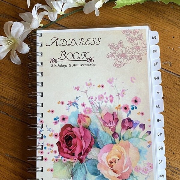 Large Print Address Book Personalized Free with ROSE Cover A-Z TABS Birthday & Anniversary Organizer Family Record Keeper