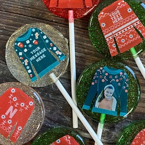 Custom Personalized Ugly Sweater Photo Lollipop Hard Candy Party Favor for a holiday Christmas Party