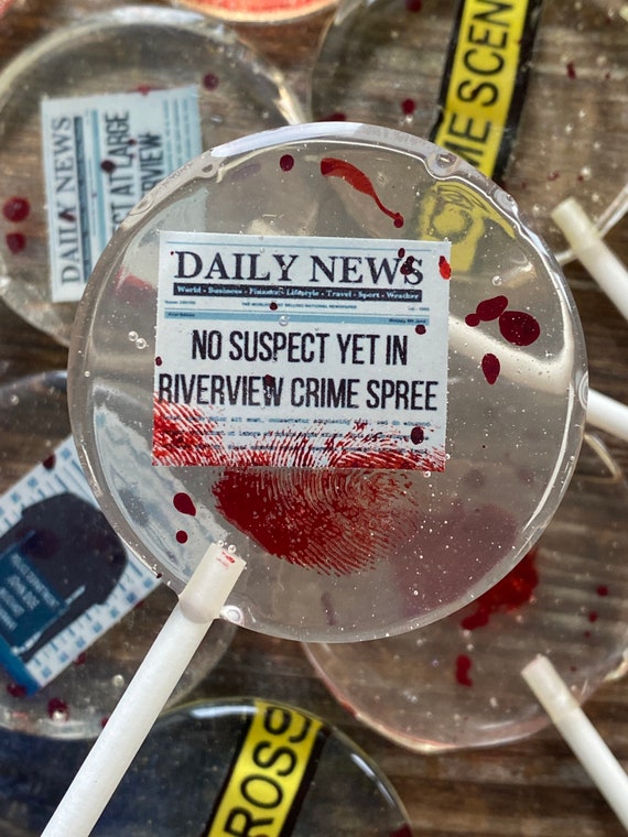 Custom Personalize Newspaper Heading Blood Spatter True Crime Hard Candy Sucker Lollipop Party Favors Il_570xn