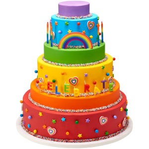 May include: A multi-tiered rainbow cake decorated with sprinkles, stars, and hearts. The cake is topped with candles that spell out "CELEBRATE".