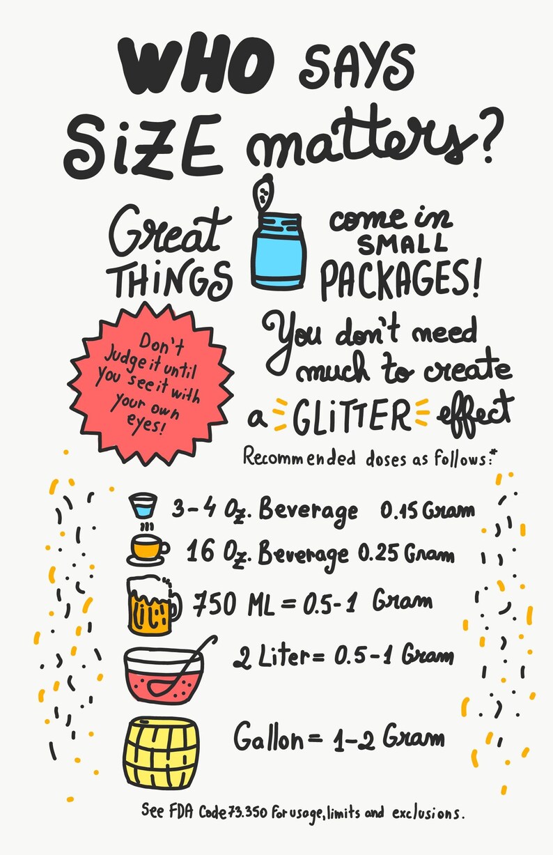 May include: A whimsical illustration with the text "WHO SAYS SIZE matters?" and "Great THINGS come in SMALL PACKAGES!" It includes dosage recommendations for glitter effects in beverages, ranging from 3-4 oz to a gallon. The image is in a playful, hand-drawn style.