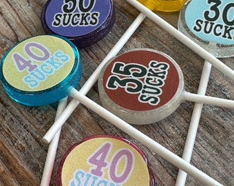 Custom 40 Sucks 30 Sucks 50 Sucks Birthday MINI Lollipops 1 Dozen Made in Food Manufacturing Registered Facility